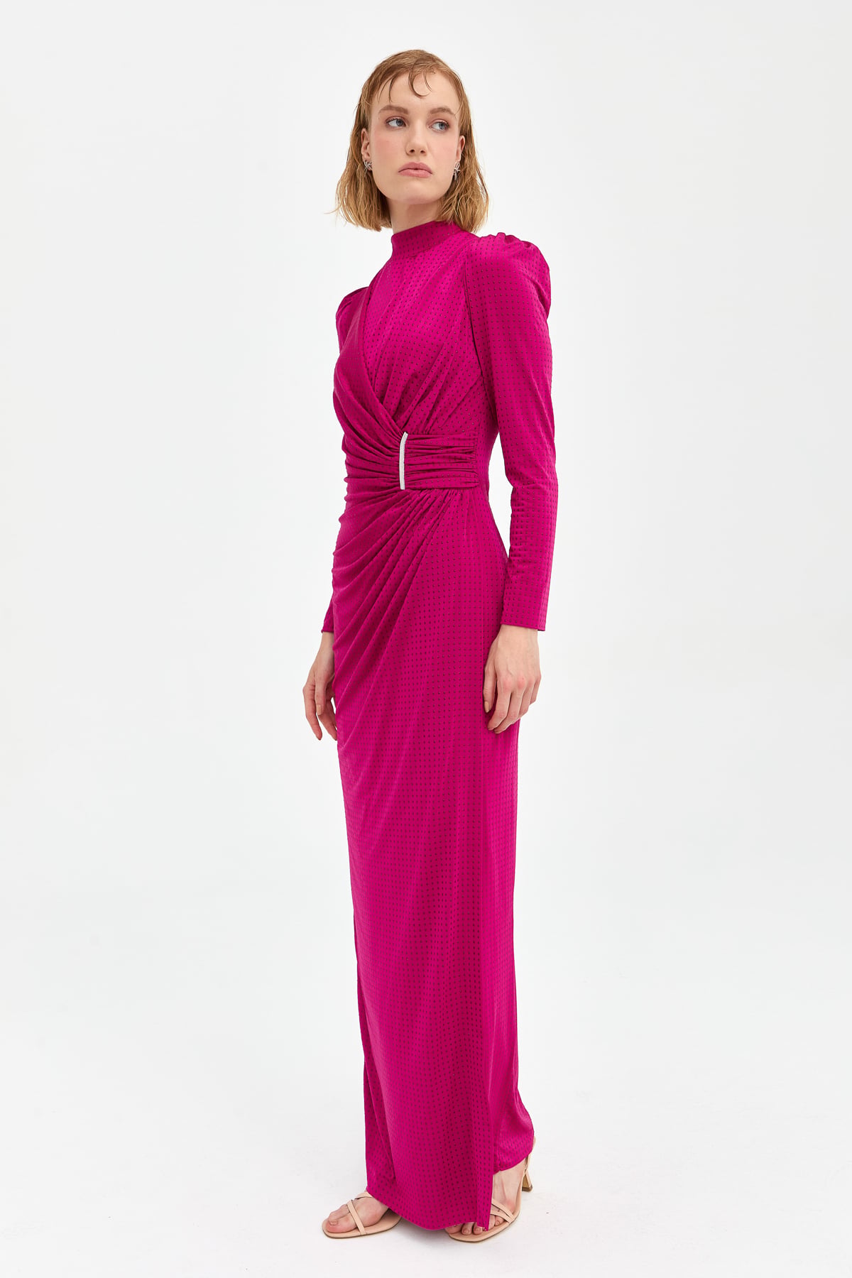 HENNİN Dress Nihan Taş Aksesuarlı Elbise  Fuşya_modest