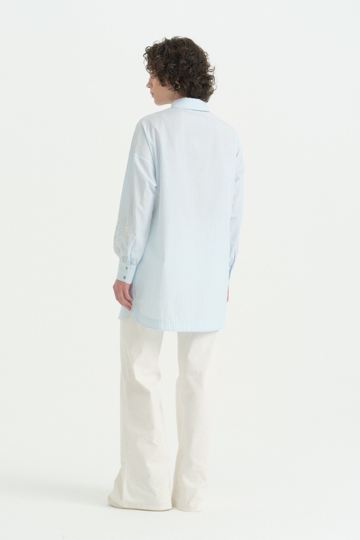 Kolları Nakışlı Çizgili Pamuk Tunik  Aqua