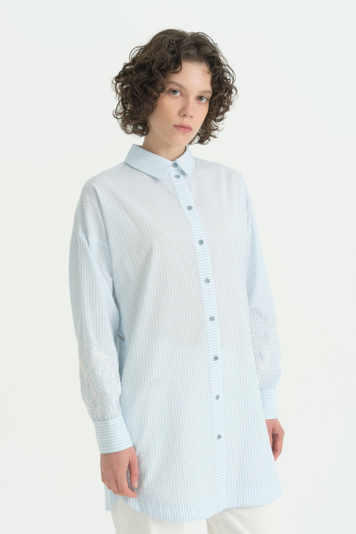 Kolları Nakışlı Çizgili Pamuk Tunik  Aqua