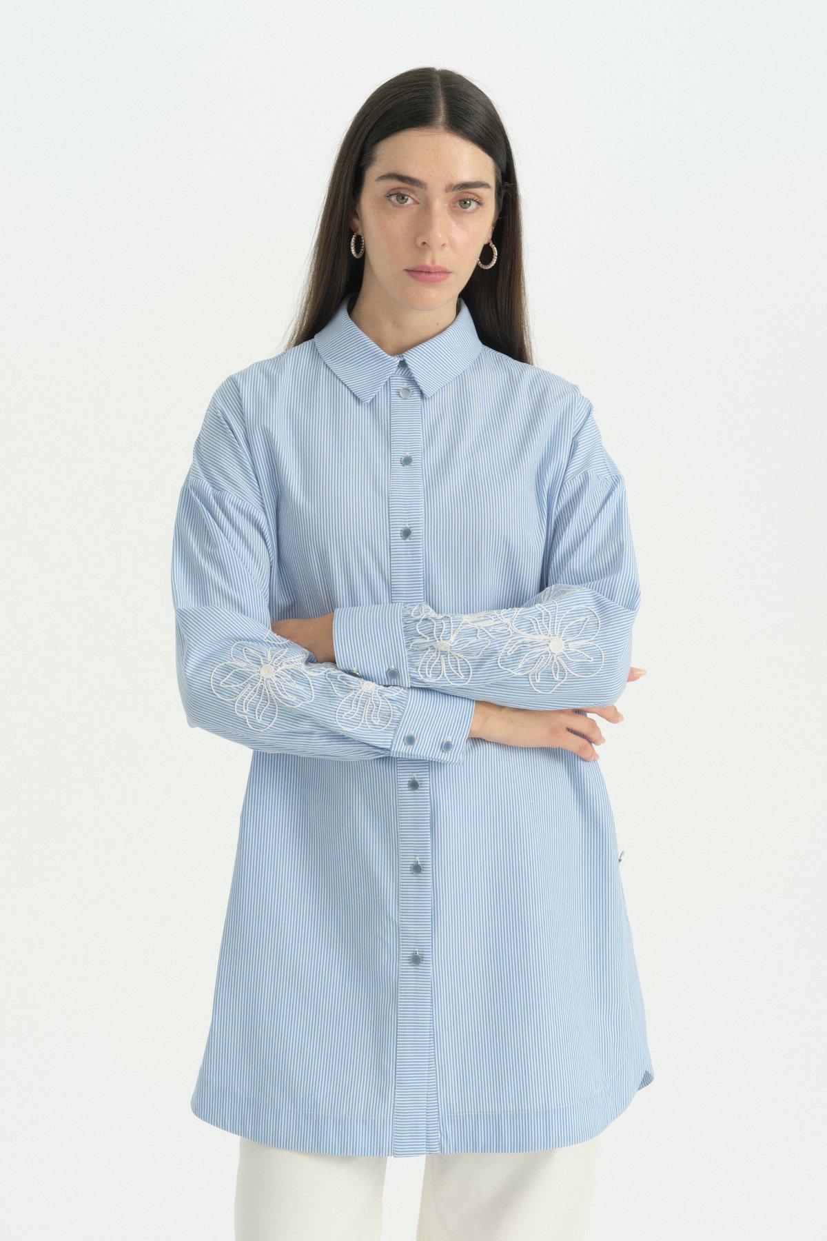 Kolları Nakışlı Çizgili Pamuk Tunik  İndigo