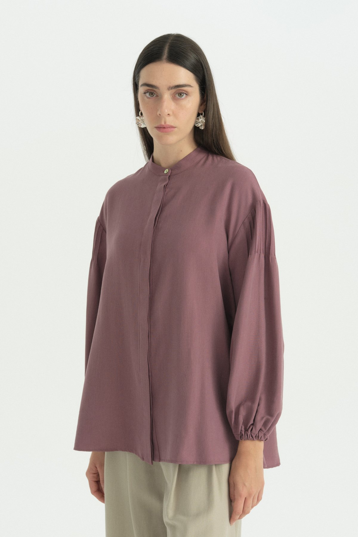 Kolları Nervürlü Lyocell Tunik  Mürdüm