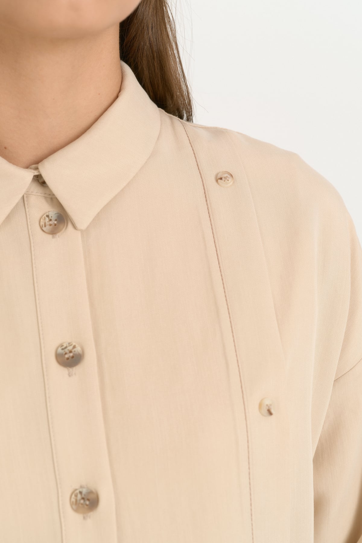 Kontrast Dikiş Detaylı Oversize Lyocell Tunik  Bej