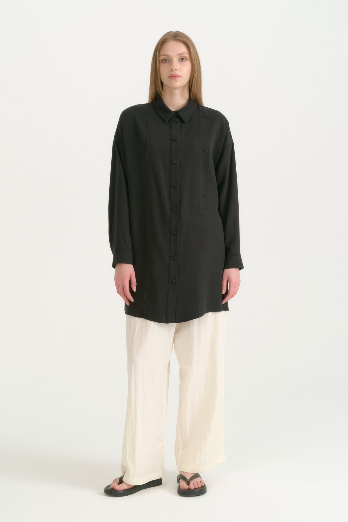Kontrast Dikiş Detaylı Oversize Lyocell Tunik  Siyah