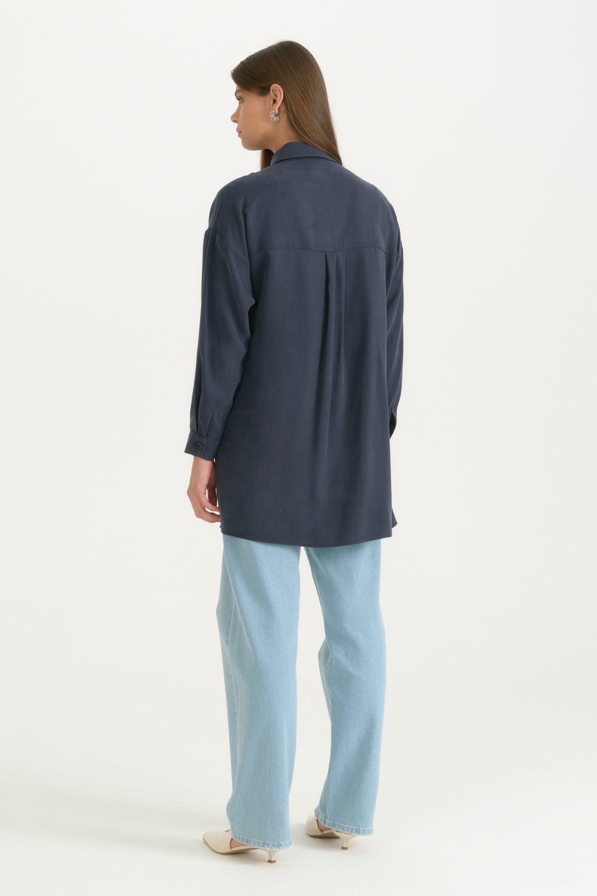 Kontrast Dikiş Detaylı Oversize Lyocell Tunik  Lacivert