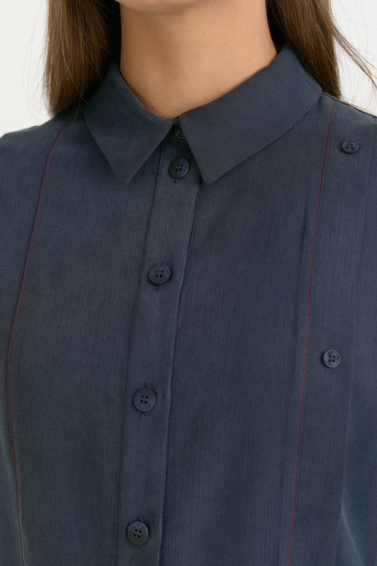 Kontrast Dikiş Detaylı Oversize Lyocell Tunik  Lacivert