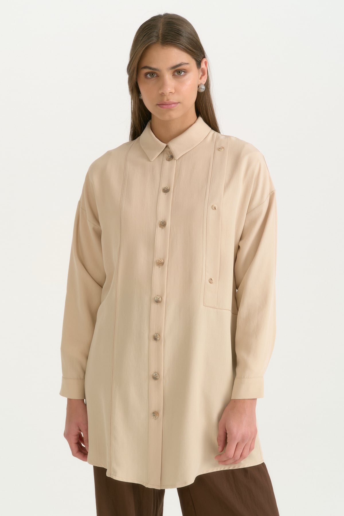 Kontrast Dikiş Detaylı Oversize Lyocell Tunik  Bej