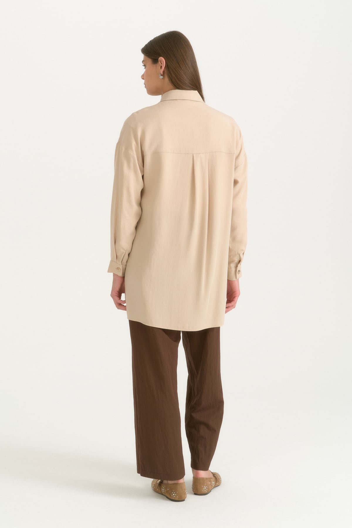 Kontrast Dikiş Detaylı Oversize Lyocell Tunik  Bej
