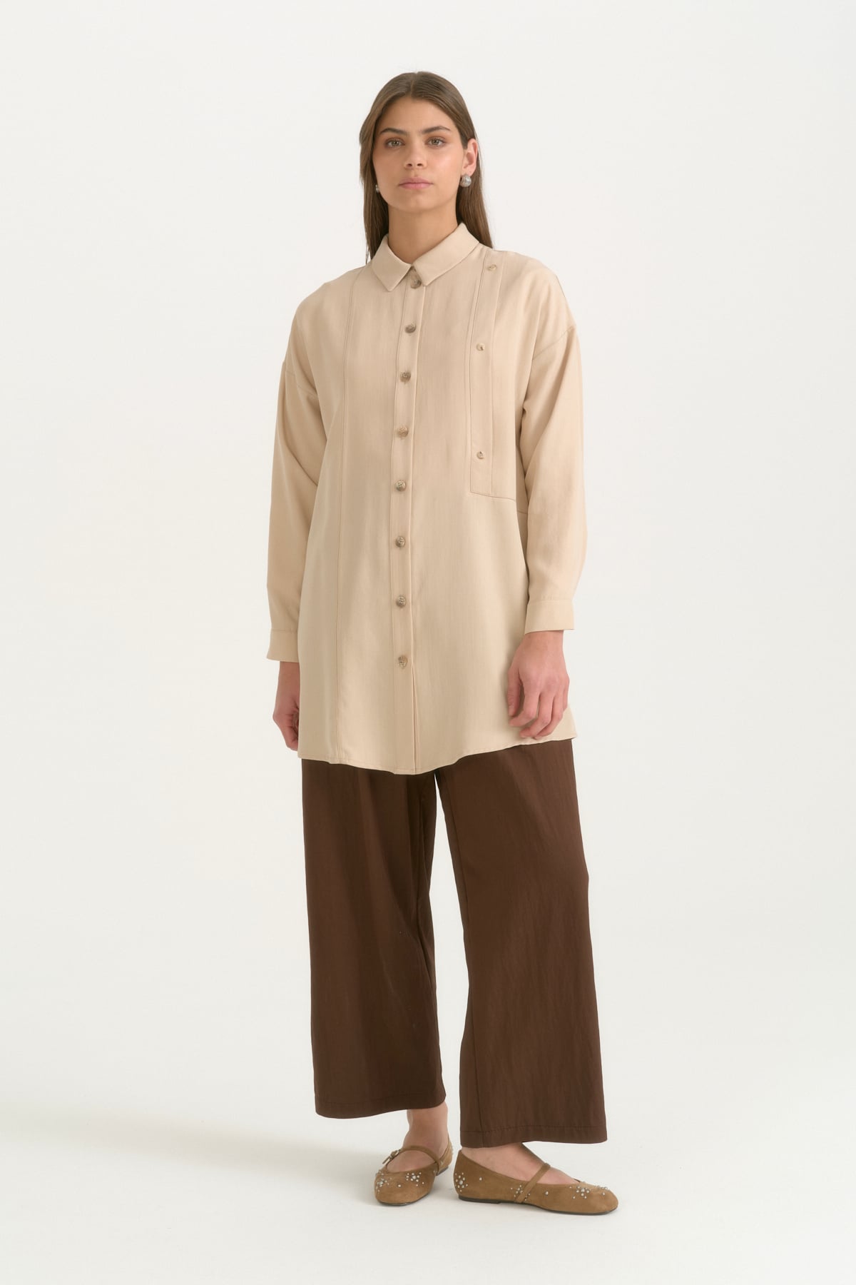 Kontrast Dikiş Detaylı Oversize Lyocell Tunik  Bej
