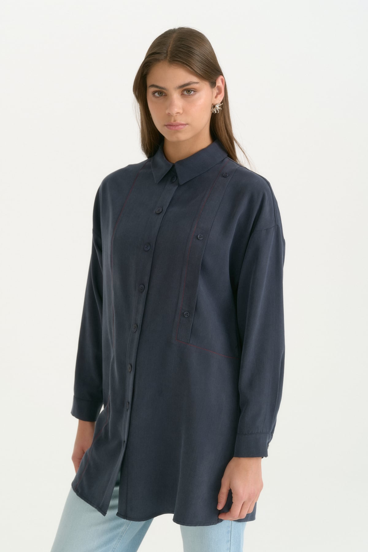 Kontrast Dikiş Detaylı Oversize Lyocell Tunik  Lacivert