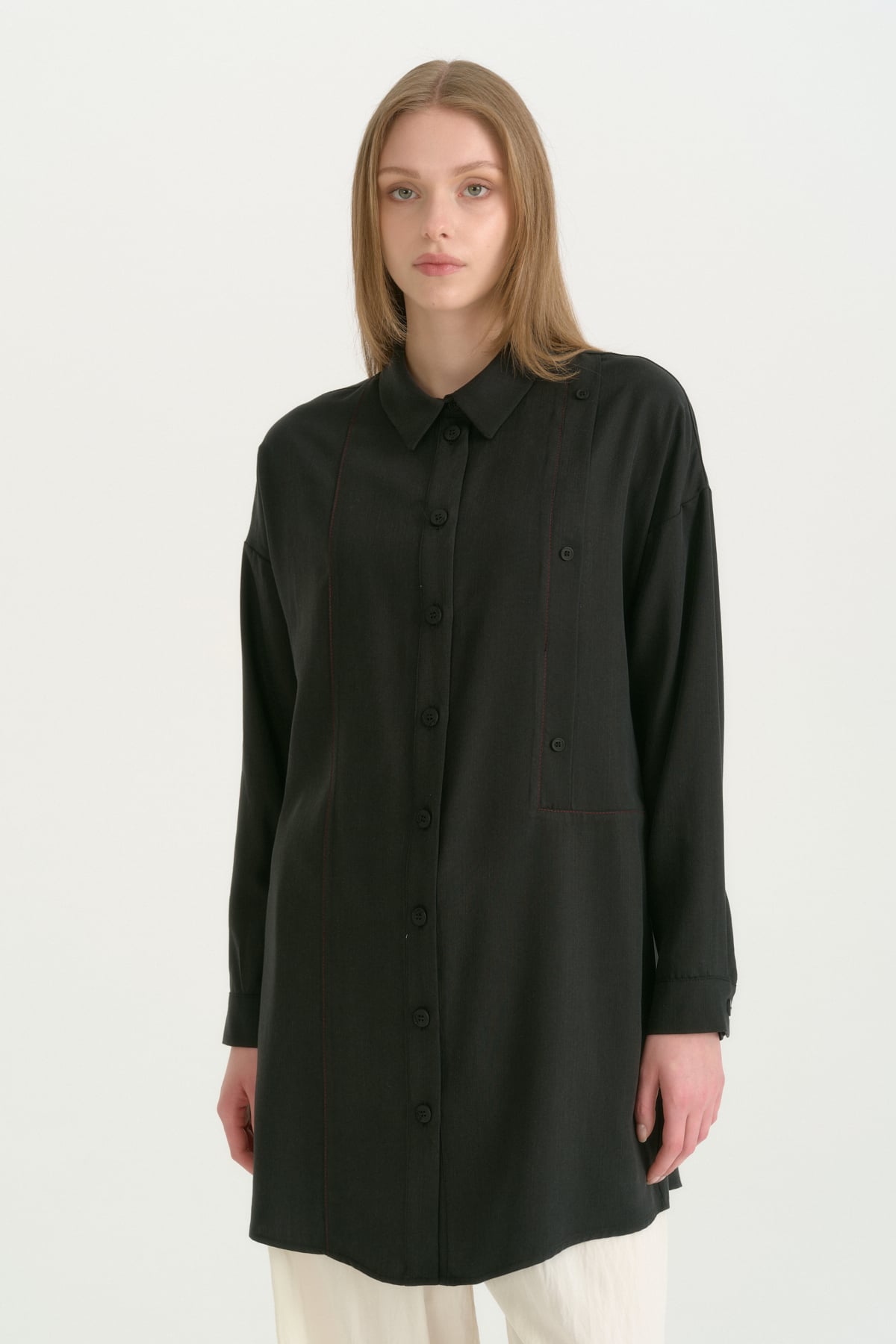 Kontrast Dikiş Detaylı Oversize Lyocell Tunik  Siyah