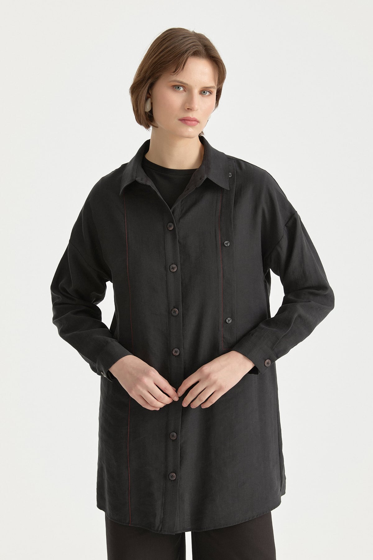 Kontrast Dikiş Detaylı Oversize Tencel Tunik  Siyah