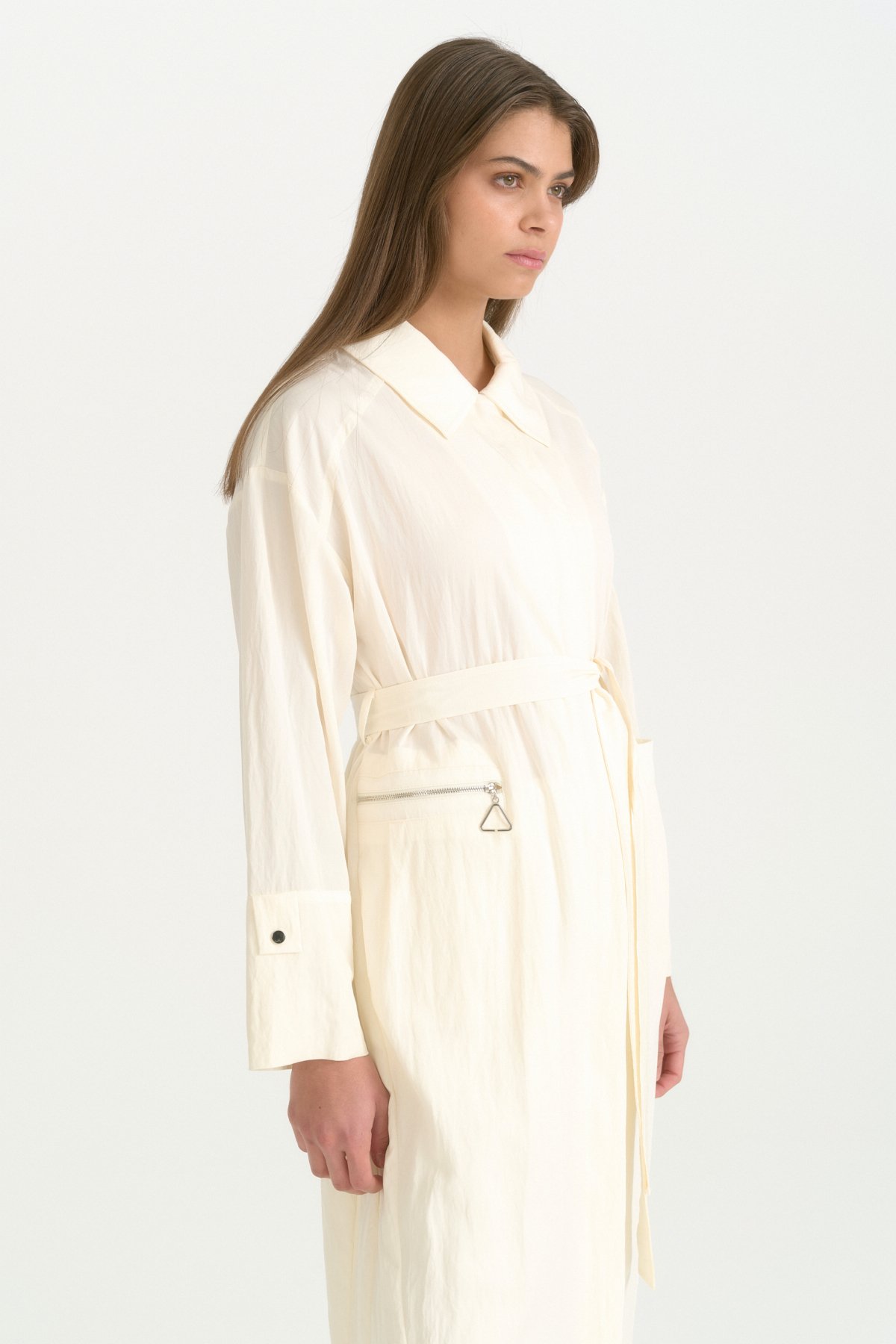 Kumaş Mixli Kuşaklı Rayon Kap  Ekru