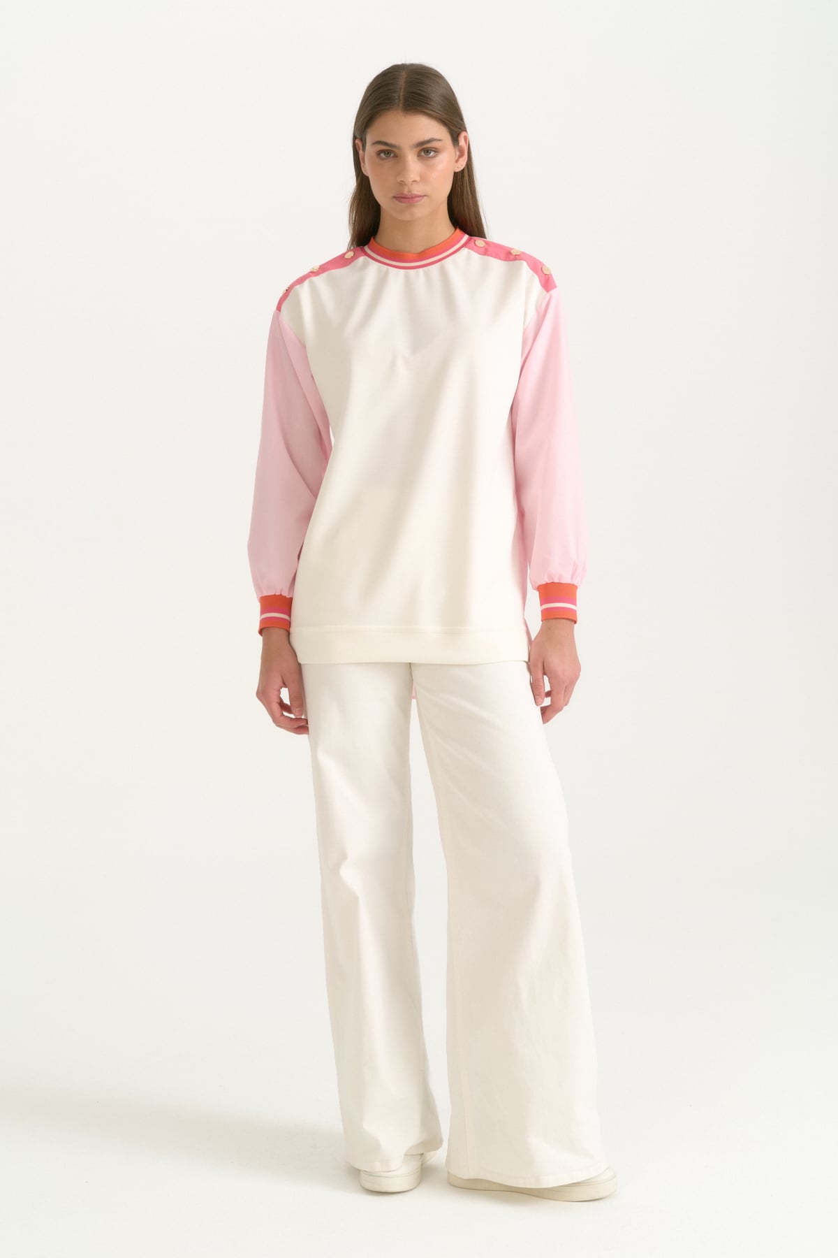 Kumaş Mixli Ribanalı Modal Karışımlı Sweat  Pembe