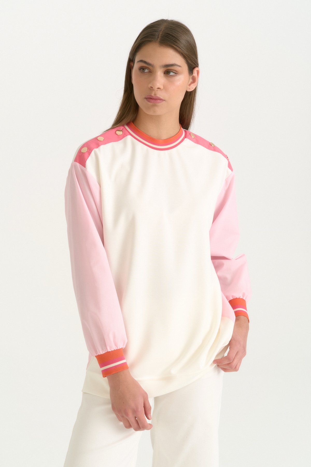 Kumaş Mixli Ribanalı Modal Karışımlı Sweat  Pembe