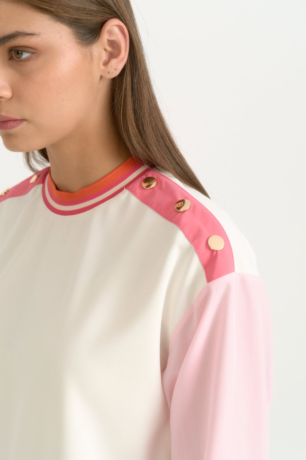 Kumaş Mixli Ribanalı Modal Karışımlı Sweat  Pembe