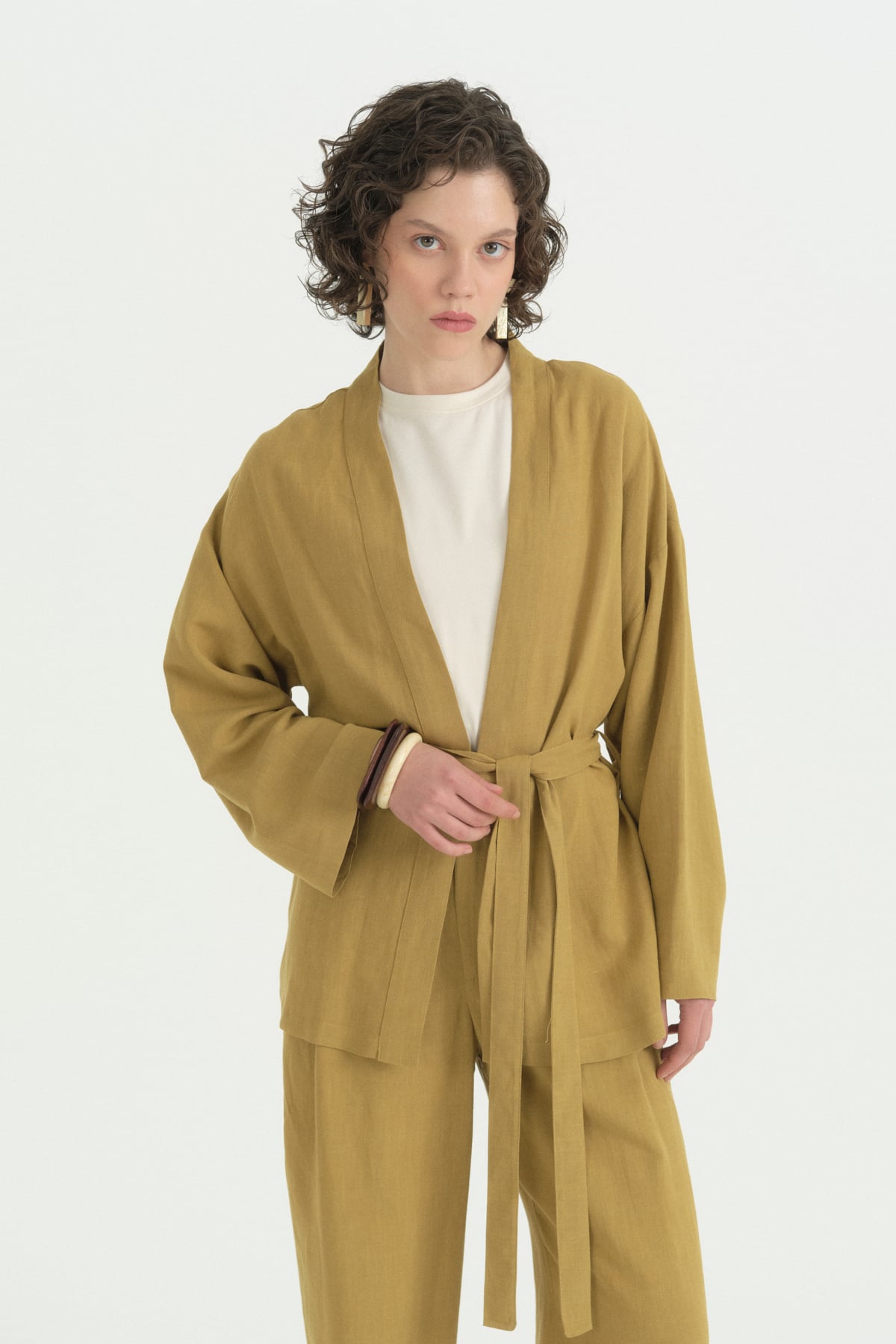 Kuşaklı Keten Kısa Kimono  Asit