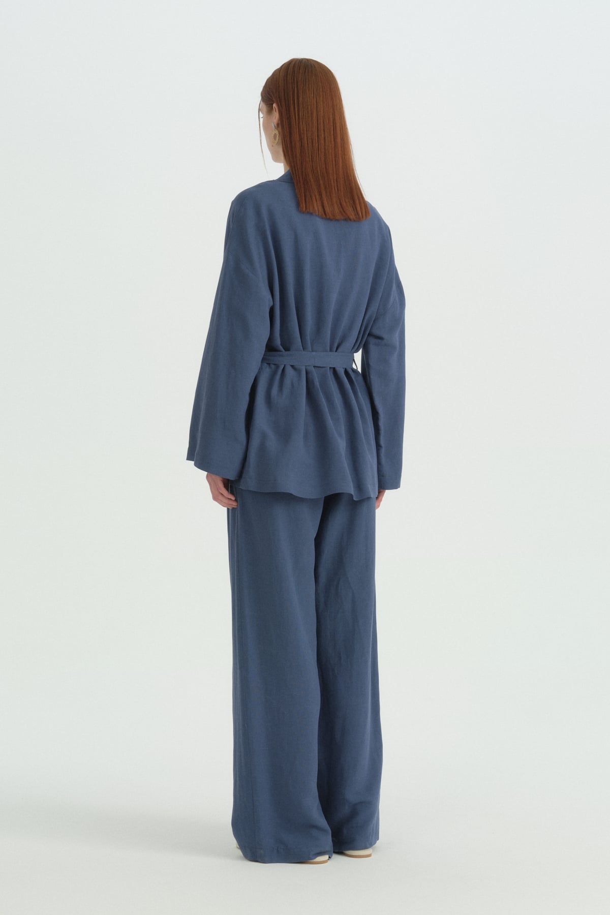 Kuşaklı Keten Kısa Kimono  İndigo