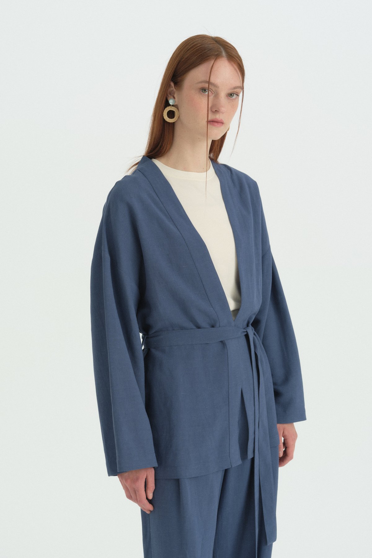 Kuşaklı Keten Kısa Kimono  İndigo