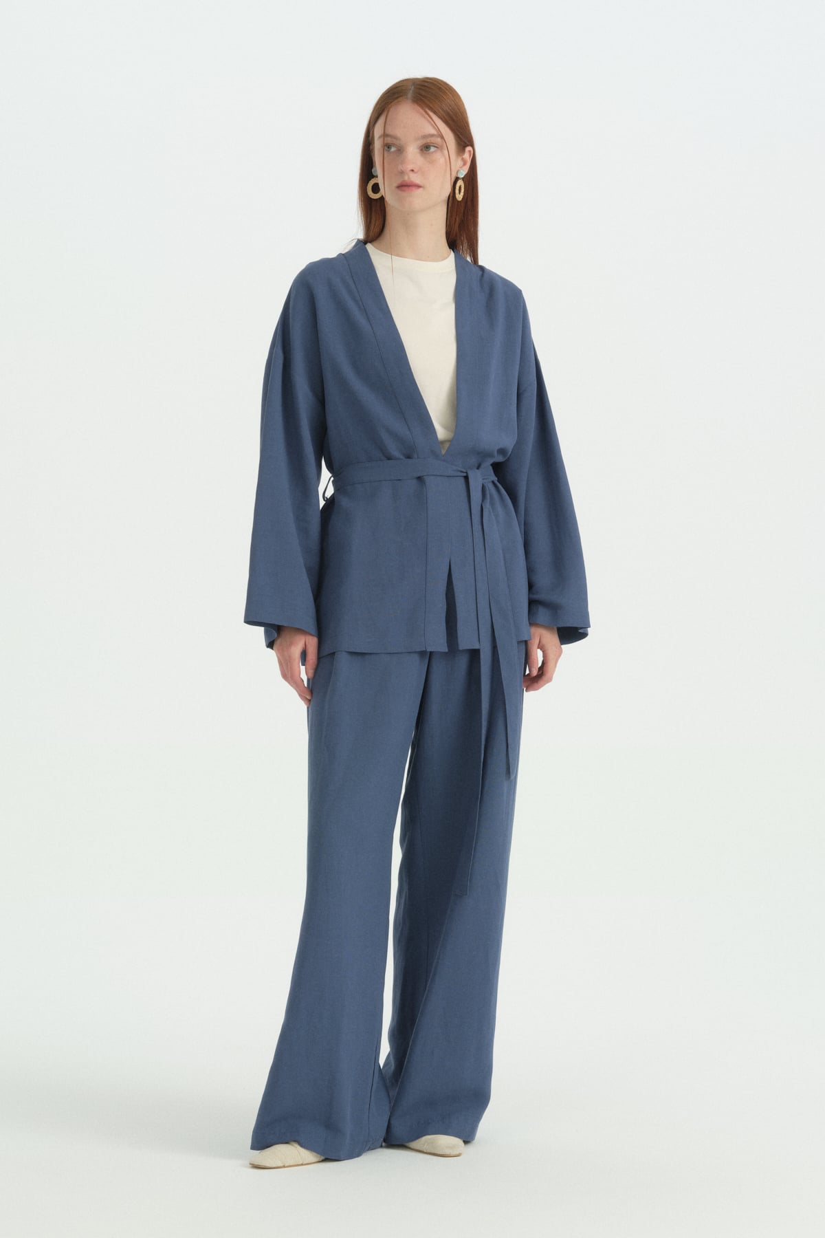 Kuşaklı Keten Kısa Kimono  İndigo