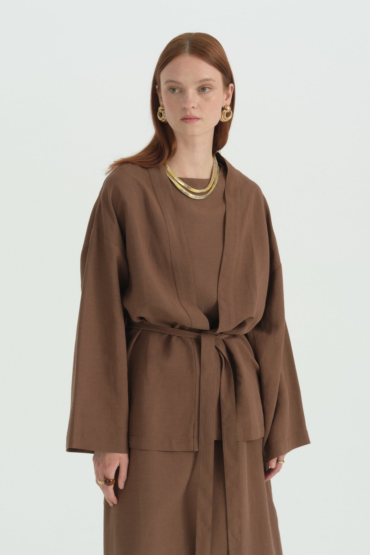 Kuşaklı Keten Kısa Kimono  Kahve