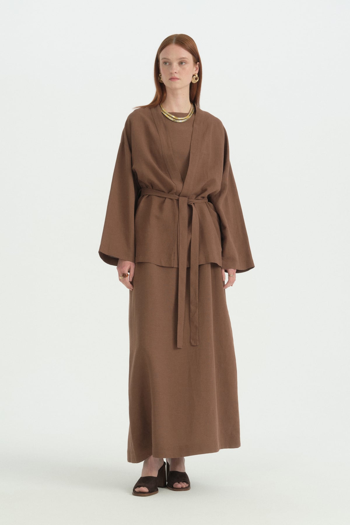 Kuşaklı Keten Kısa Kimono  Kahve