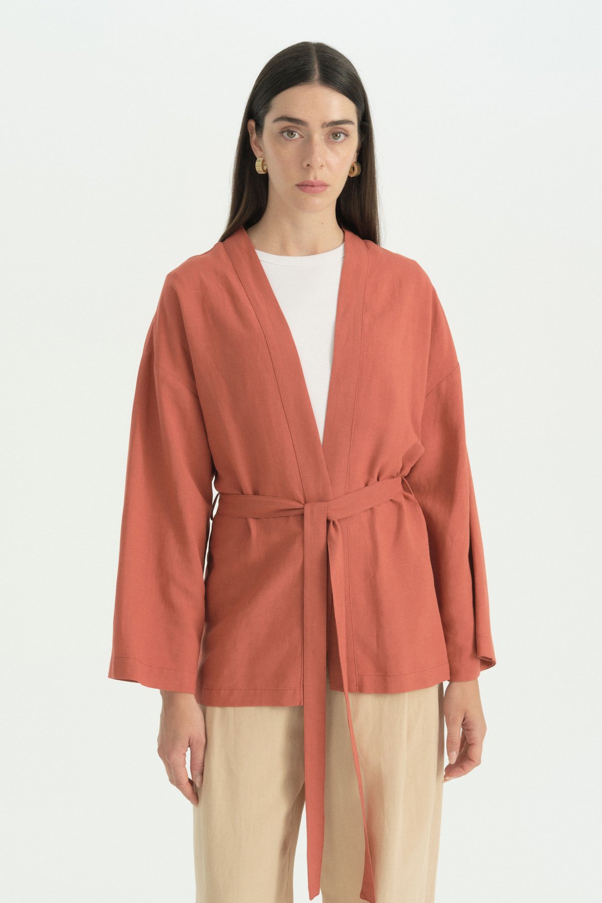 Kuşaklı Keten Kısa Kimono  Kiremit