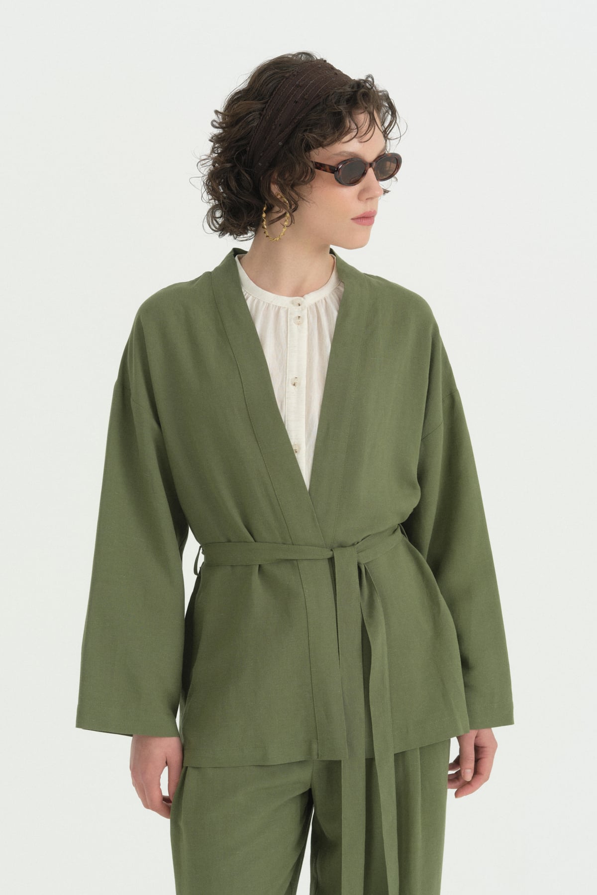 Kuşaklı Keten Kısa Kimono  Yeşil
