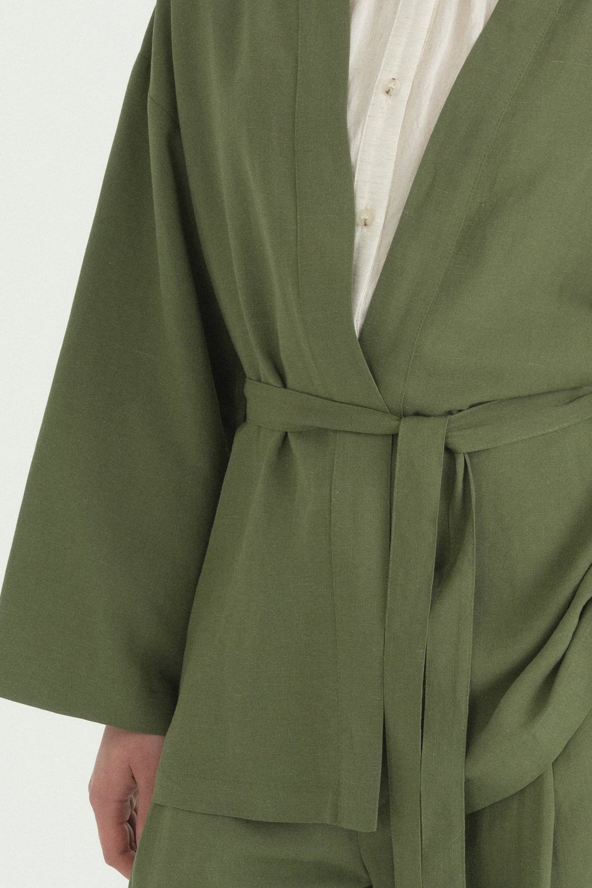 Kuşaklı Keten Kısa Kimono  Yeşil