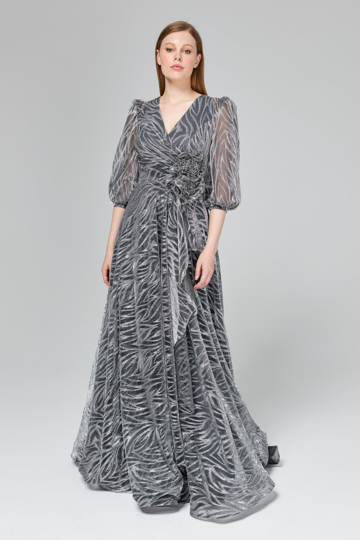 LACRİMA Evening Dresses Simli Balon Kol Abiye  Gri_modest