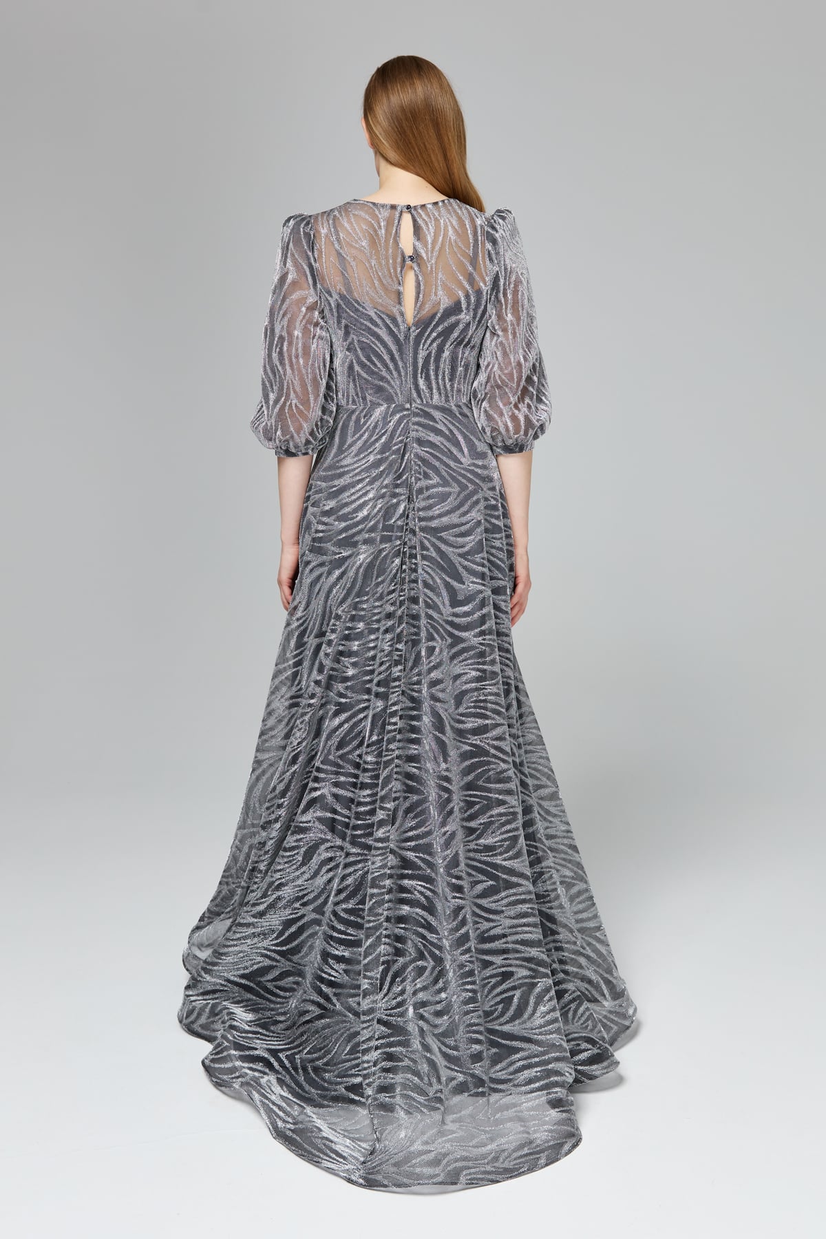 LACRİMA Evening Dresses Simli Balon Kol Abiye  Gri_modest