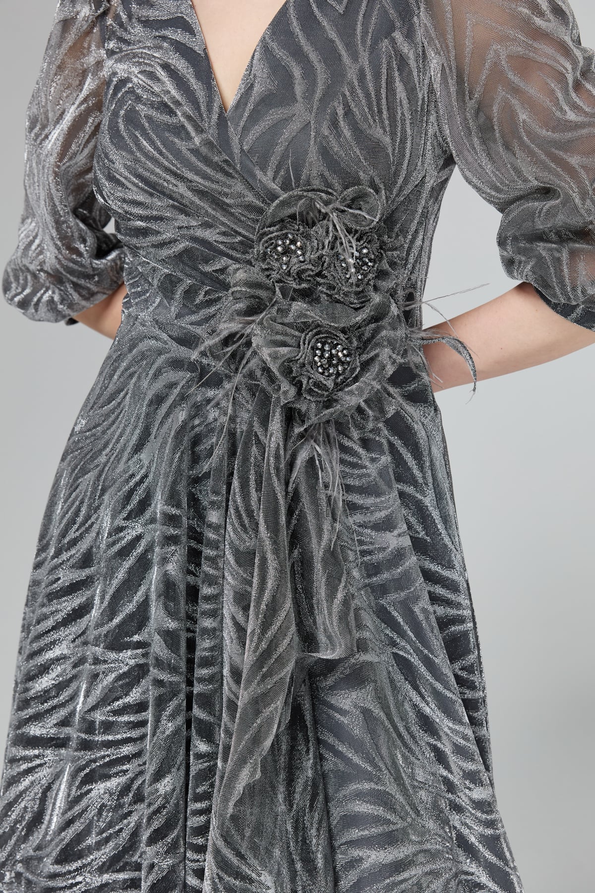 LACRİMA Evening Dresses Simli Balon Kol Abiye  Gri_modest