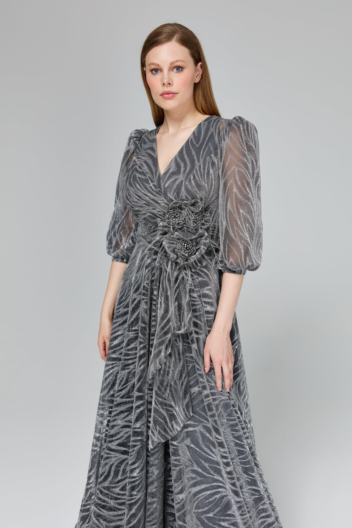 LACRİMA Evening Dresses Simli Balon Kol Abiye  Gri_modest