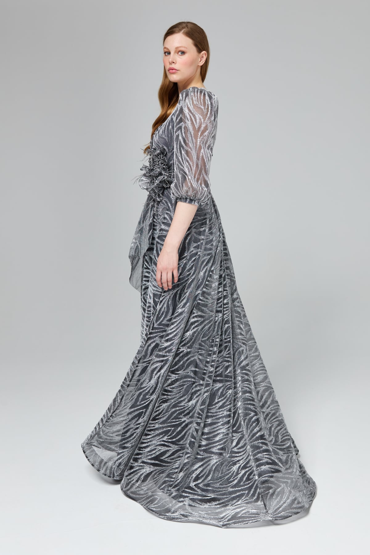 LACRİMA Evening Dresses Simli Balon Kol Abiye  Gri_modest