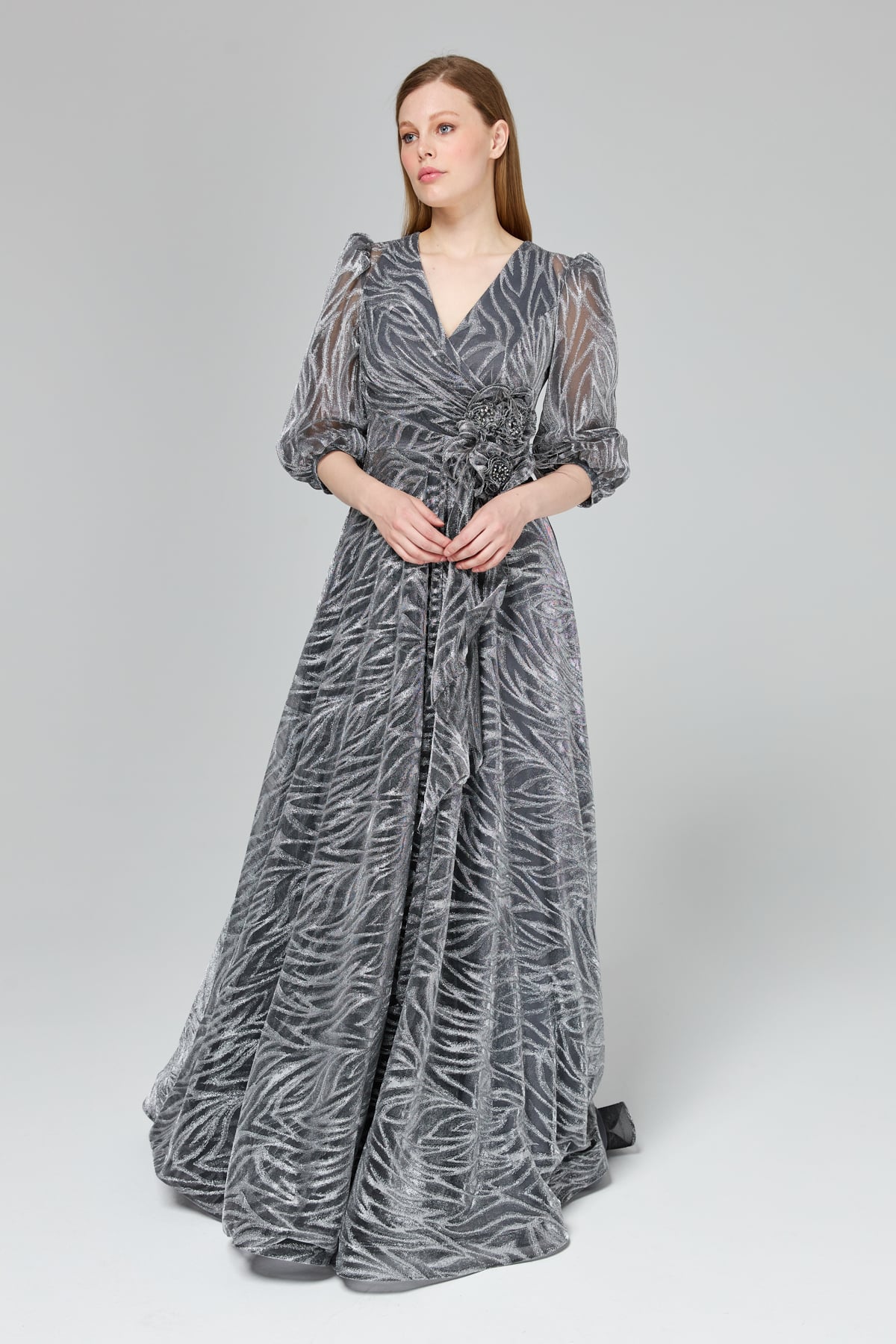 LACRİMA Evening Dresses Simli Balon Kol Abiye  Gri_modest