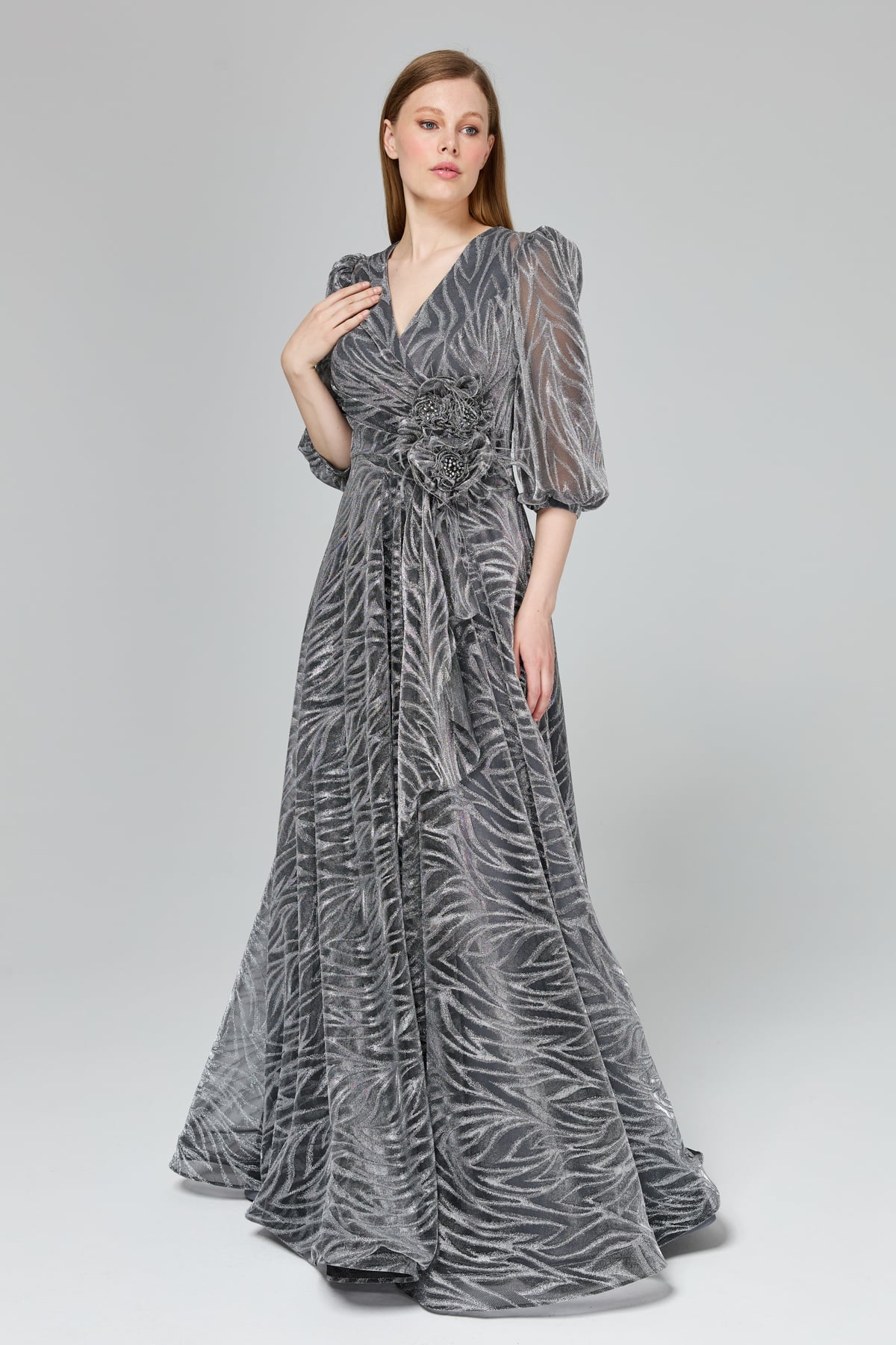 LACRİMA Evening Dresses Simli Balon Kol Abiye  Gri_modest