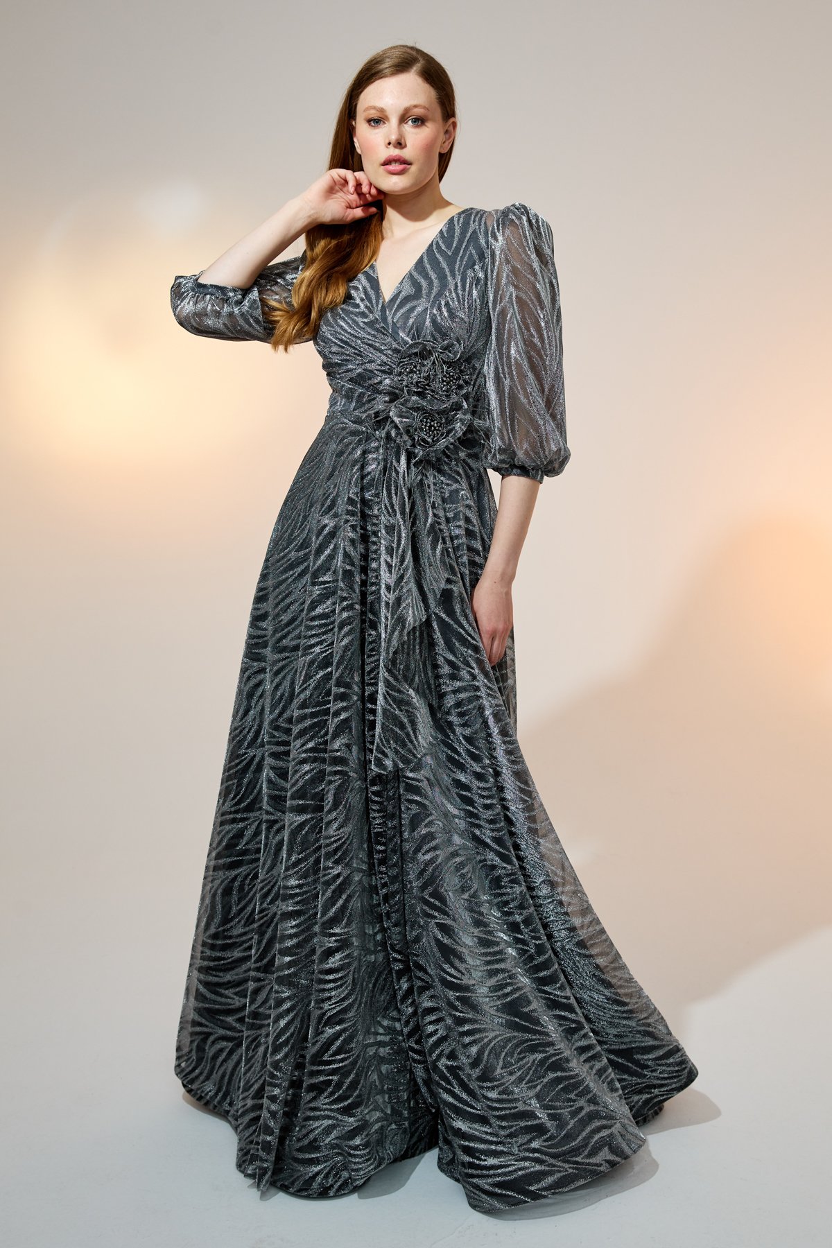 LACRİMA Evening Dresses Simli Balon Kol Abiye  Gri_modest
