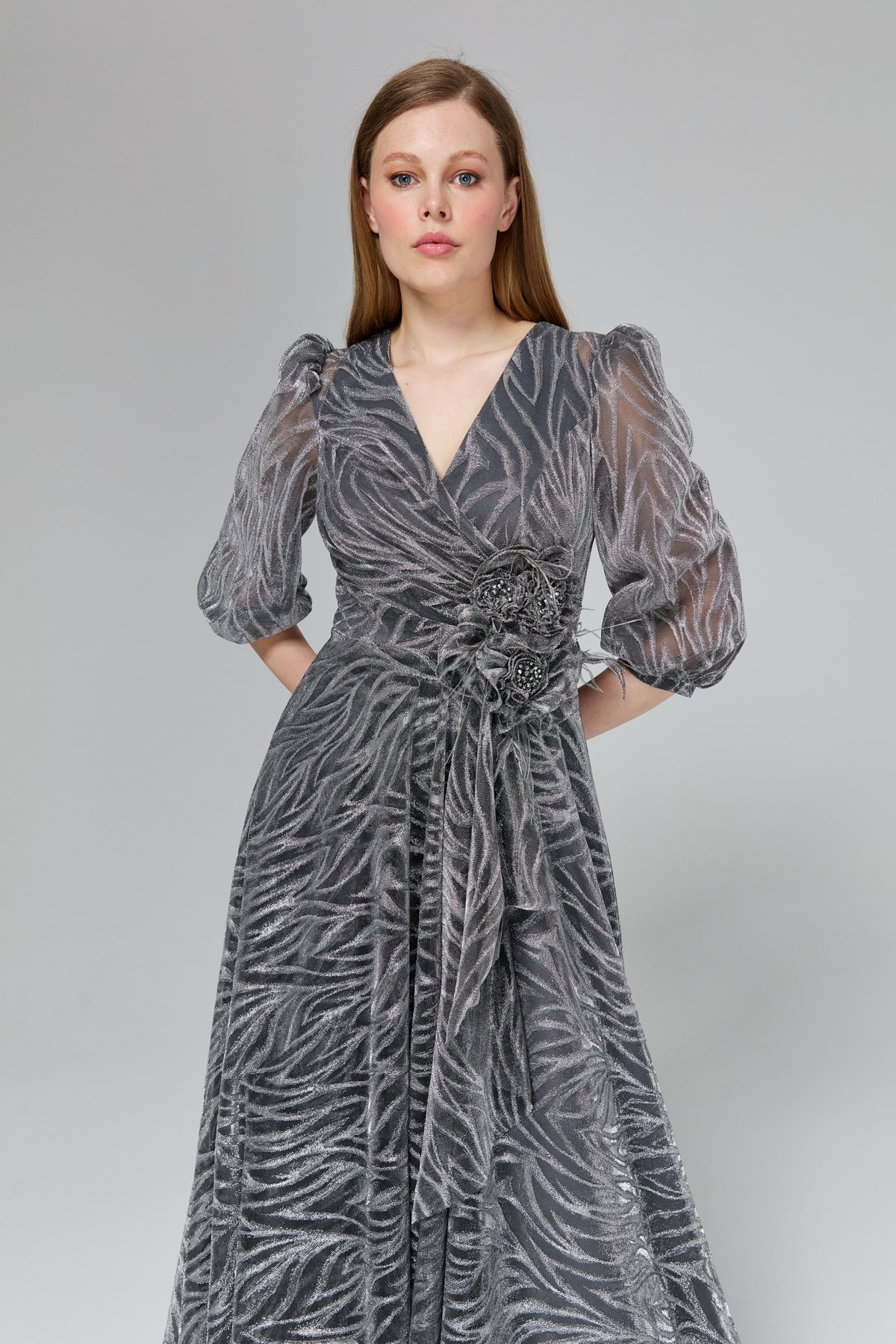 LACRİMA Evening Dresses Simli Balon Kol Abiye  Gri_modest