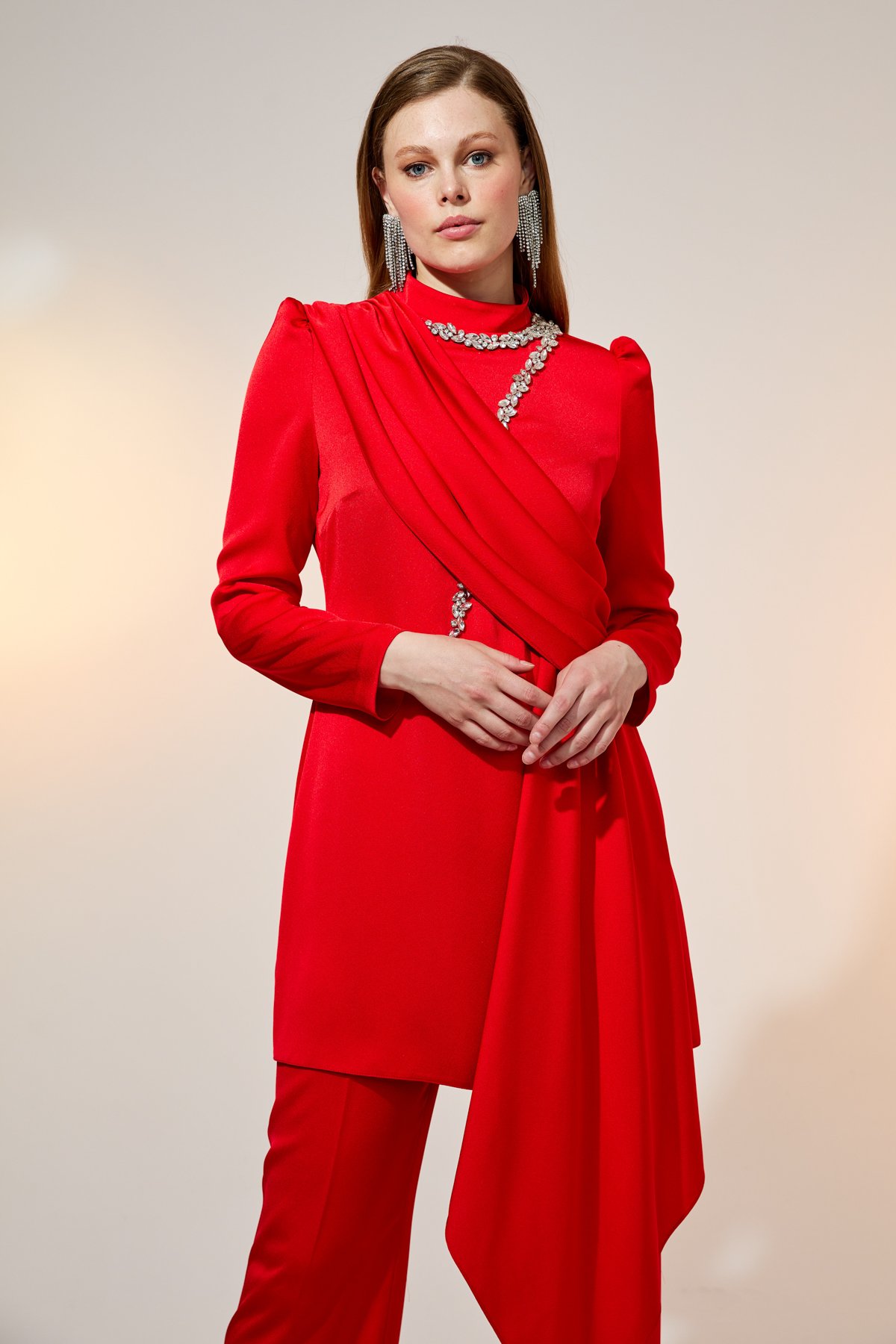 MATEX Takım Taş Detaylı Şık Pantolon Tunik Takım  Kırmızı_modest