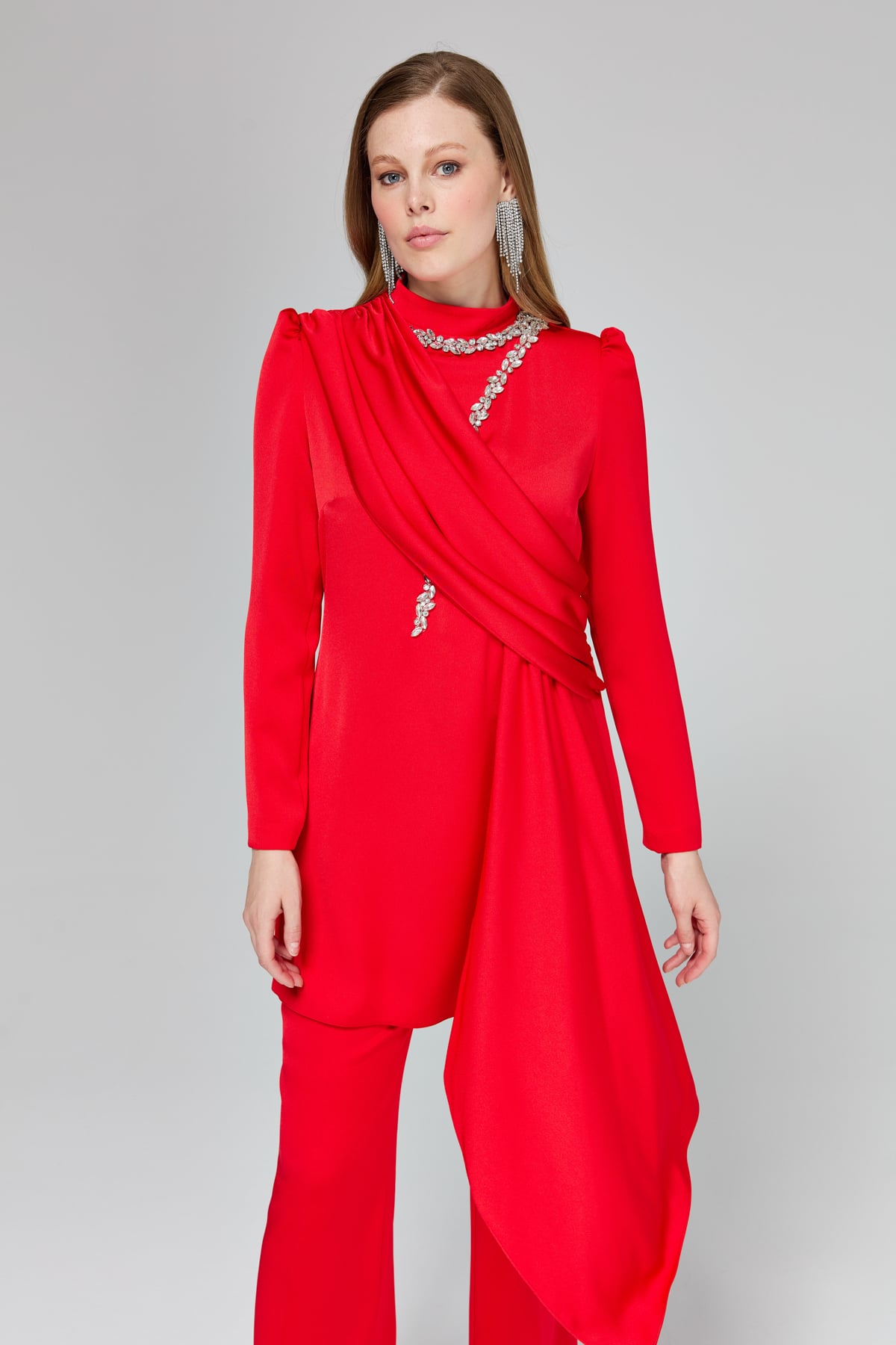 MATEX Takım Taş Detaylı Şık Pantolon Tunik Takım  Kırmızı_modest