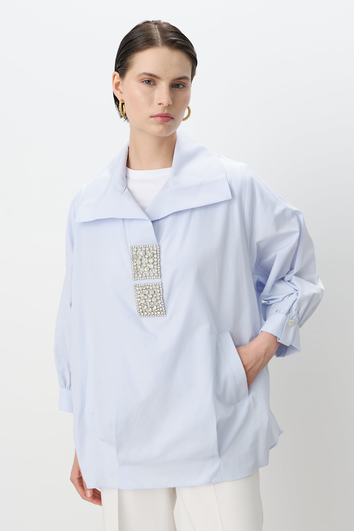 MY312 Tunic Kare Taşlı Gömlek Tunik  Mavi_modest