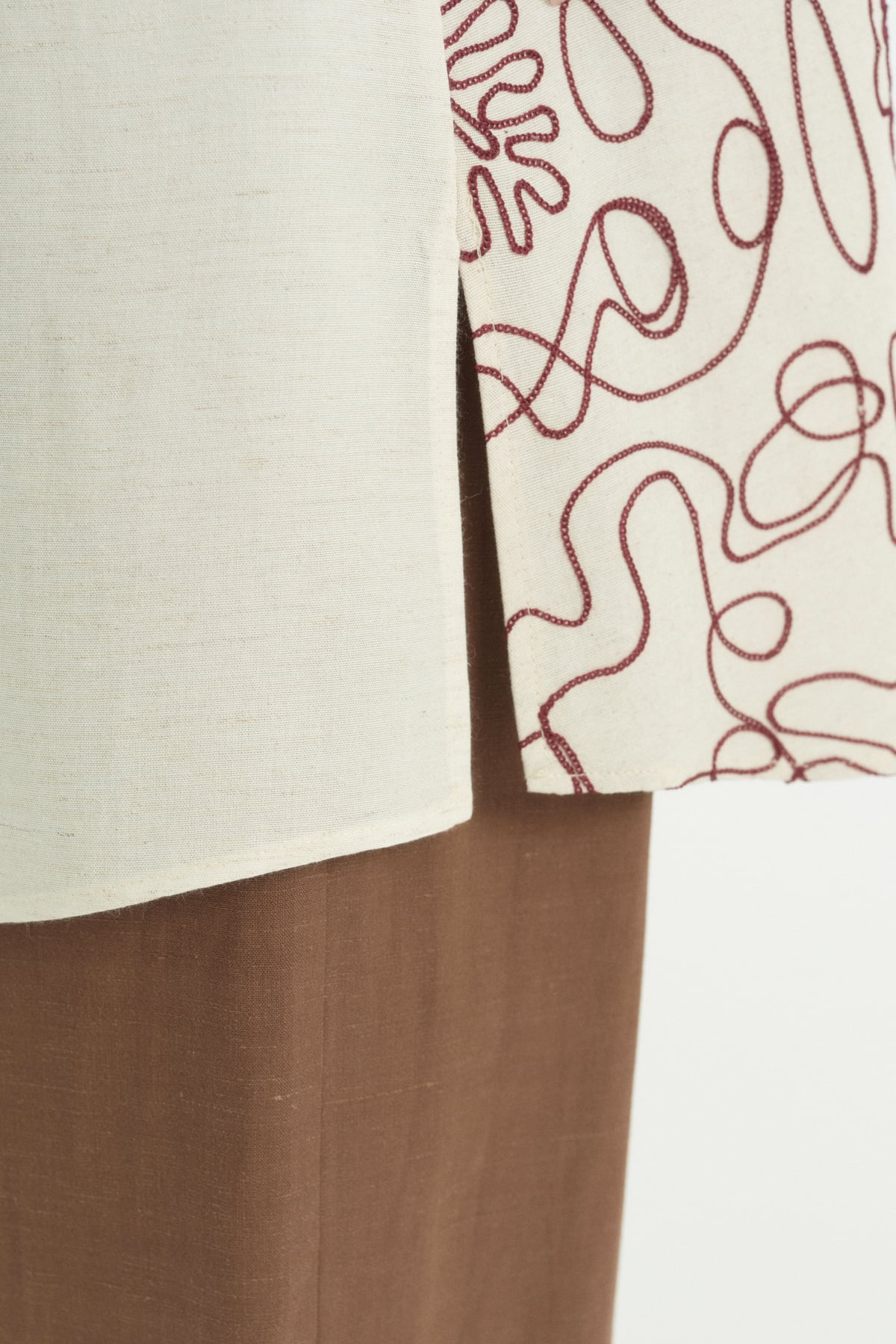Nakış Detaylı Keten Tunik  Bordo