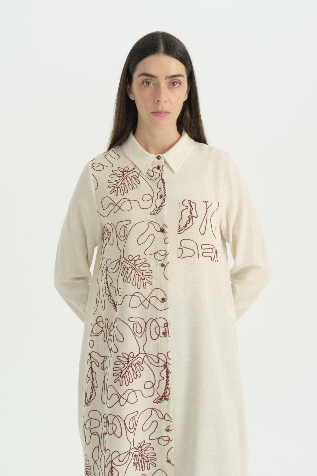 Nakış Detaylı Keten Tunik  Bordo