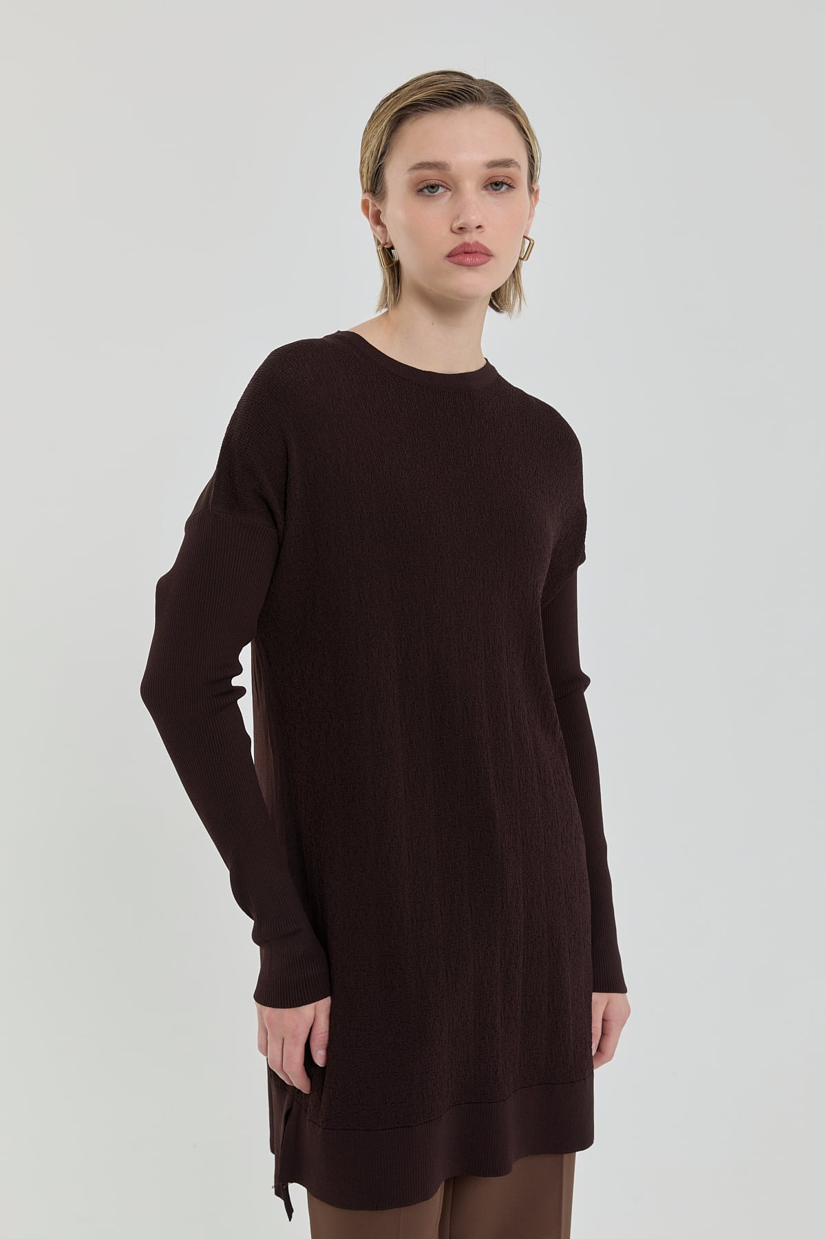 Nihan Ağaç Kabuğu Rayon Triko Tunik  Kahve