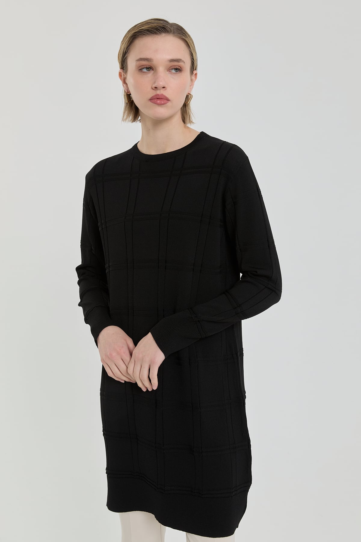 Nihan Kendinden Desenli Rayon Triko Tunik  Siyah