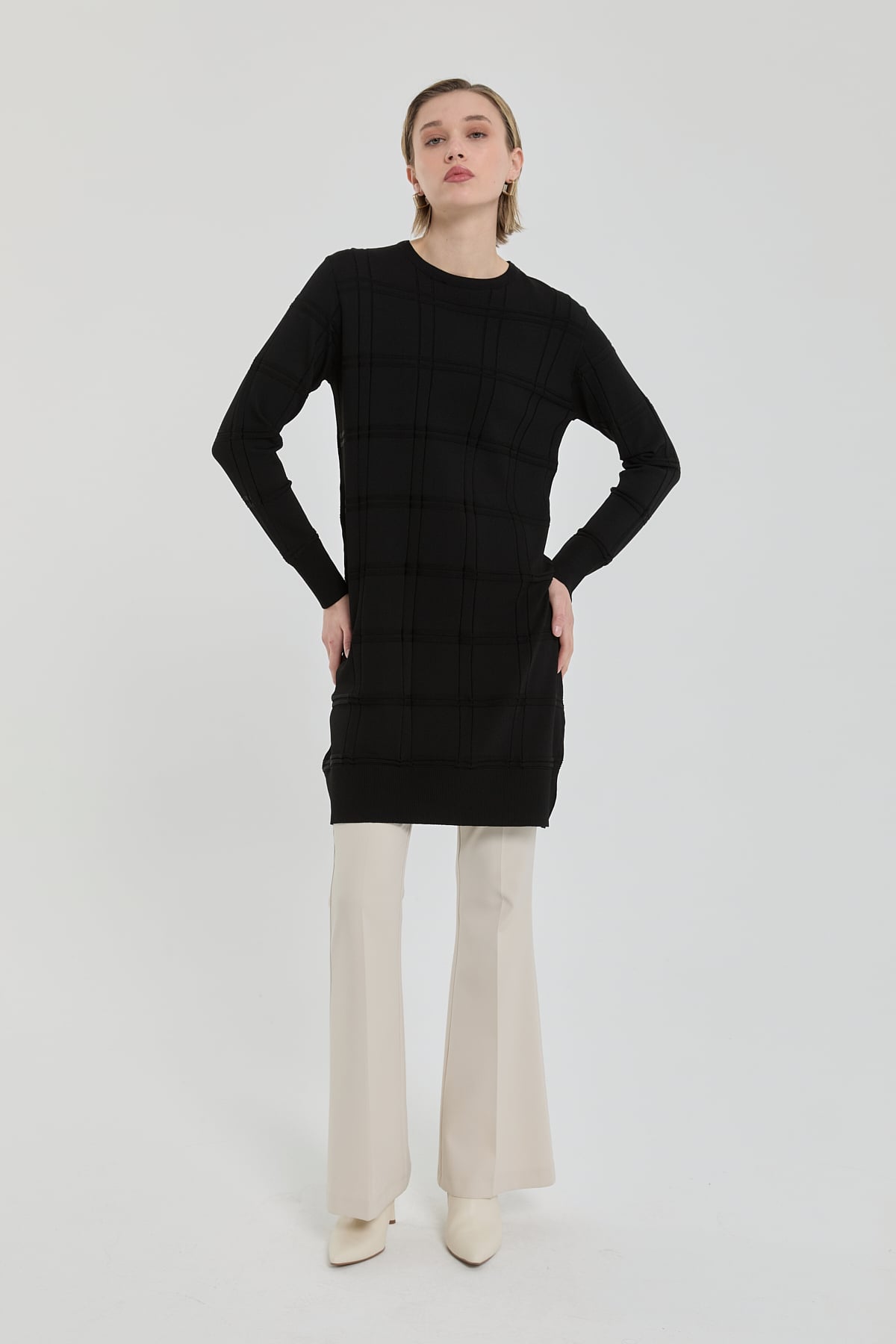 Nihan Kendinden Desenli Rayon Triko Tunik  Siyah