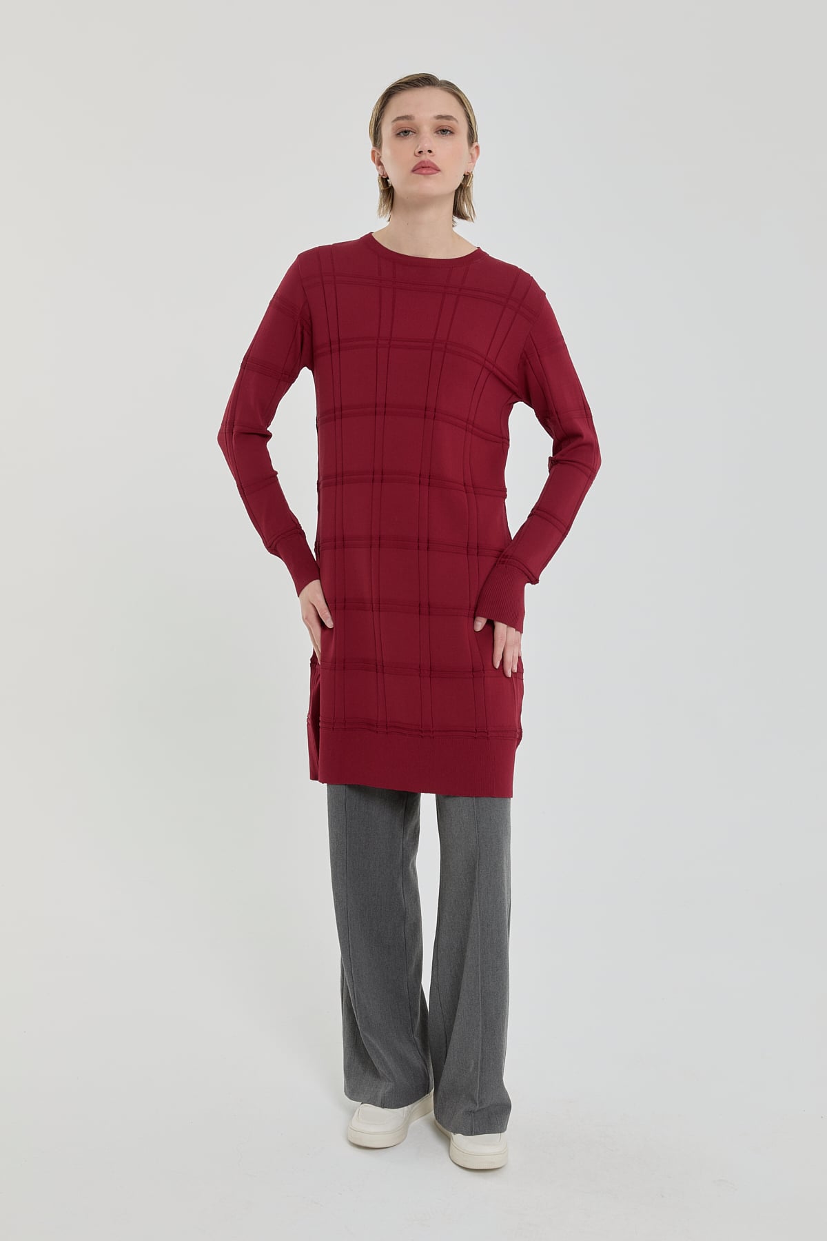 Nihan Kendinden Desenli Rayon Triko Tunik  Bordo