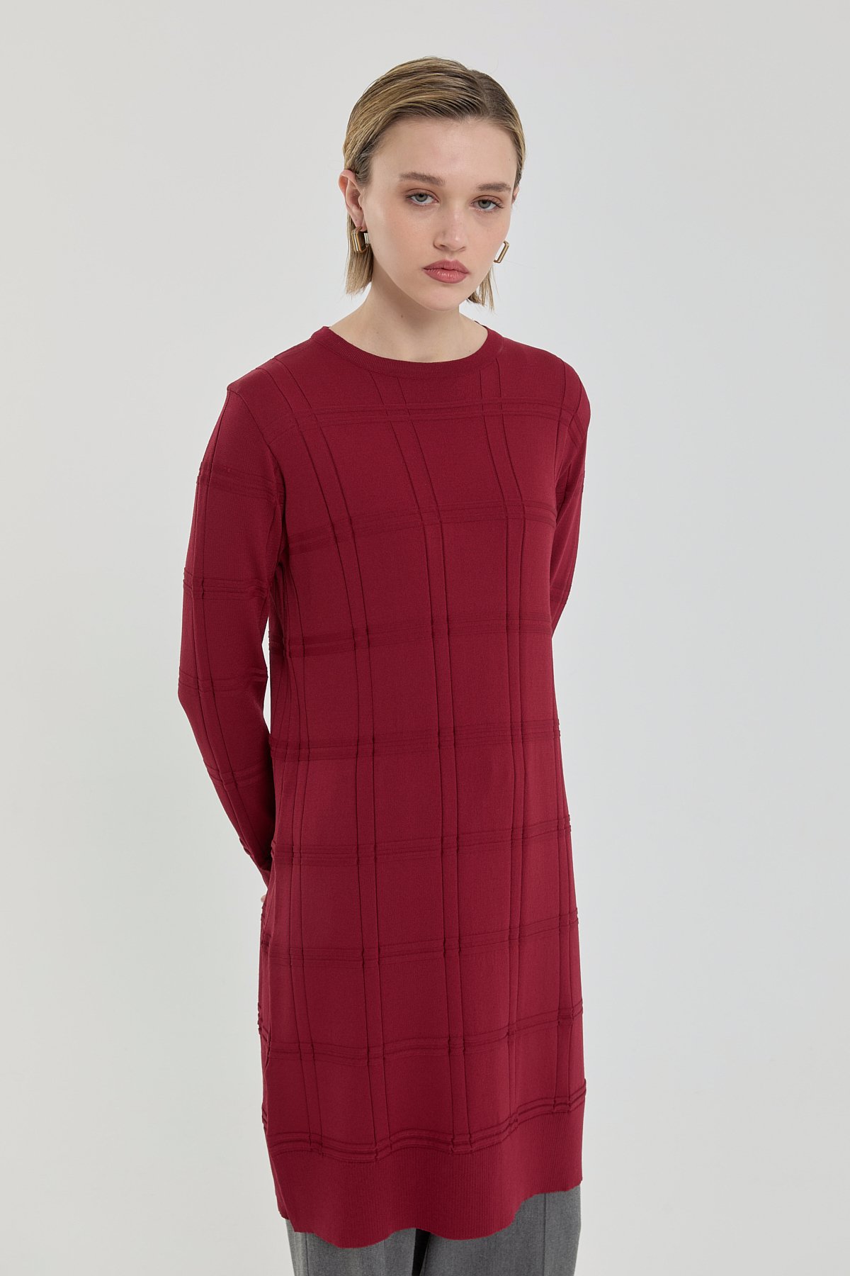 Nihan Kendinden Desenli Rayon Triko Tunik  Bordo
