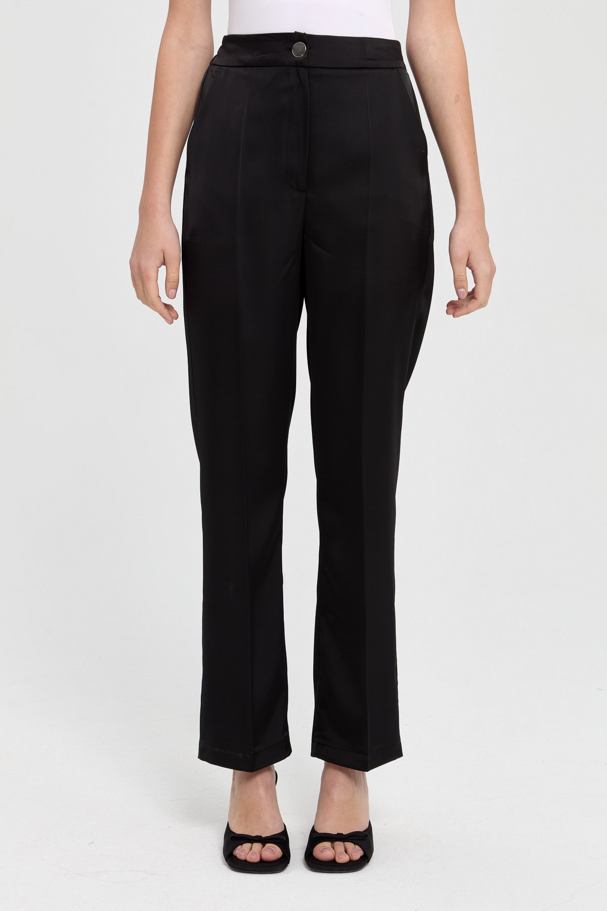 NİHAN Pants Nihan Arka Beli Lastikli Saten Pantolon  Siyah_modest