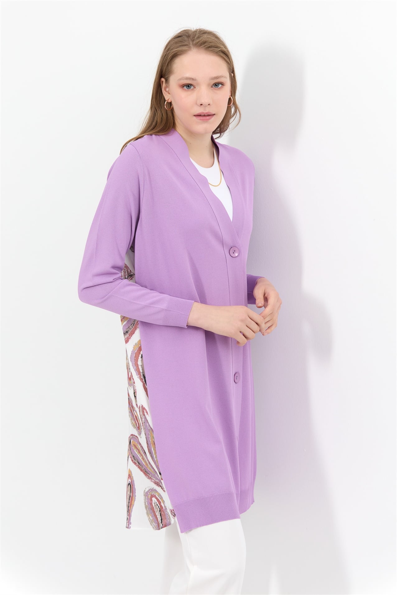 NİHAN Uzun Hırka Nihan Arkası Şal Desenli Rayon Uzun Hırka  Lila_modest