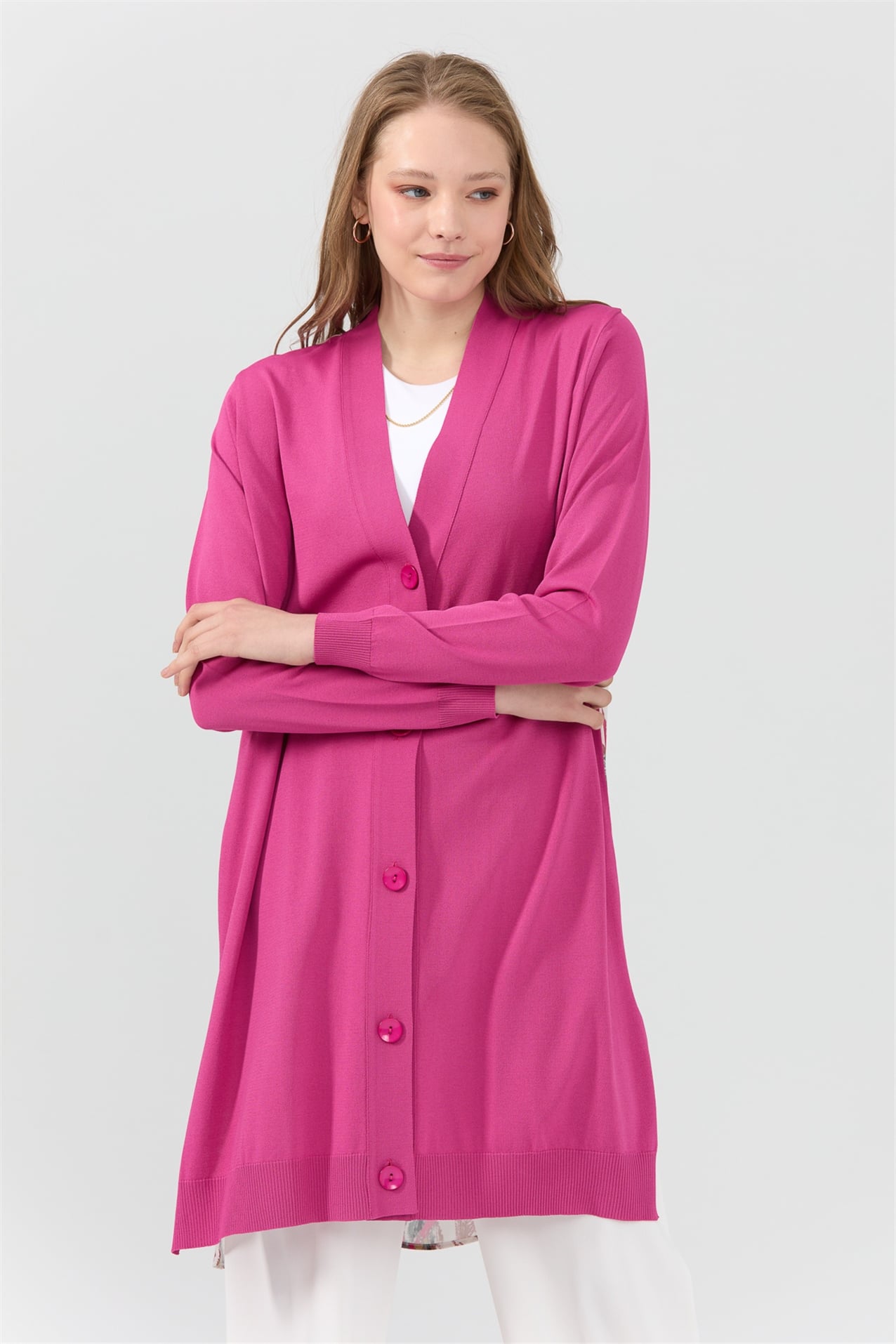 NİHAN Uzun Hırka Nihan Arkası Şal Desenli Rayon Uzun Hırka  Fuşya_modest